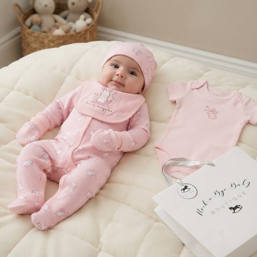 H12677NB: Baby Girls Bunny 6 Piece Mesh Bag Gift Set (NB-6 Months) H12677NB: Baby Girls Bunny 6 Piece Mesh Bag Gift Set (NB-6 Months)